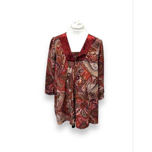 New Directions Paisley & Velvet Trim Tunic Top 1X Red/Multicolor Women's Boho Ch - Picture 1 of 7
